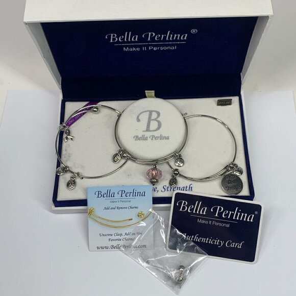 Bella Perlina Hope, Love, Strength Breast Cancer Silver Charm Bangle Trio Set - Picture 3 of 11